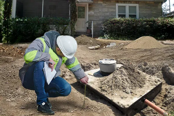 Hard-hat inspector measuring a concrete tank lid in a yard — Si View Septic Pumping in North Bend