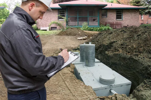 Inspector with clipboard recording notes beside a newly installed tank — Si View Septic Pumping in North Bend